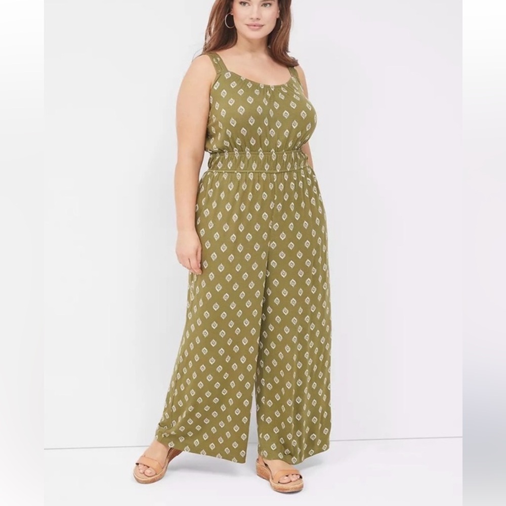 Lane Bryant Olive Diamond Print Jumpsuit